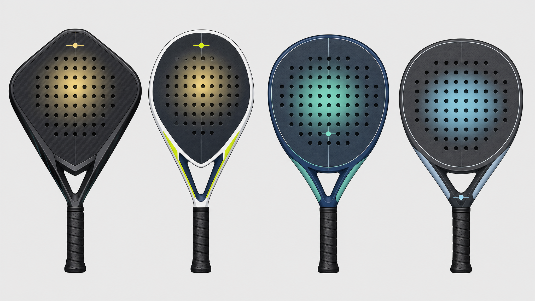 Four padel rackets shown in a comparison graphic with realistic padel shapes and highlighted sweet spots