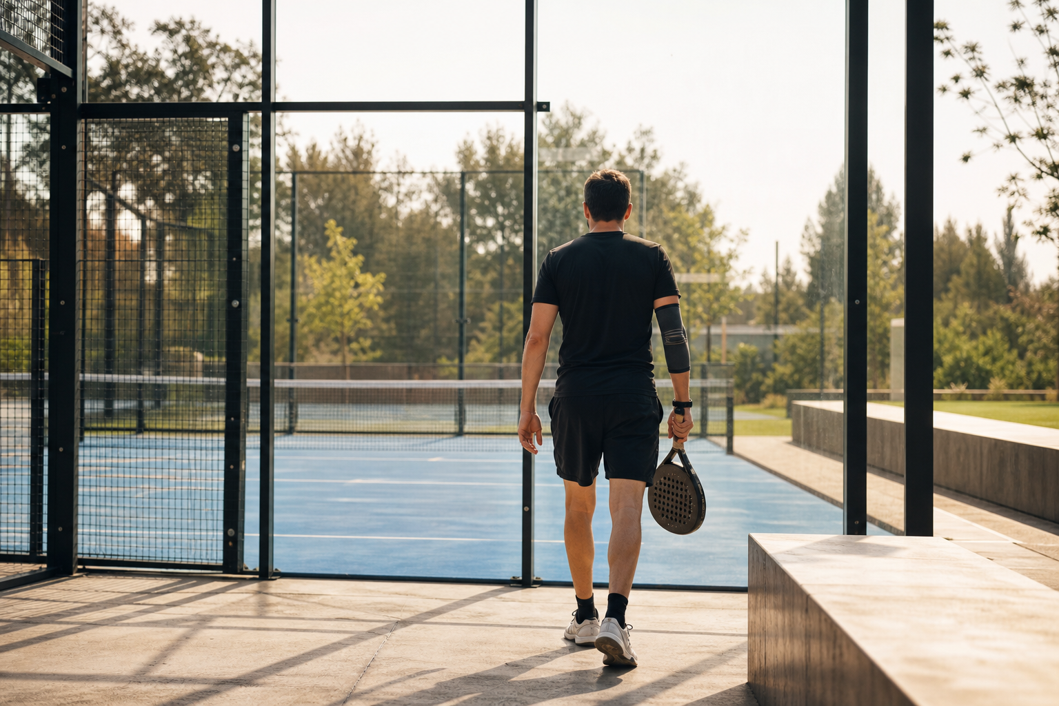 Padel player walking onto court with a racket and elbow support sleeve