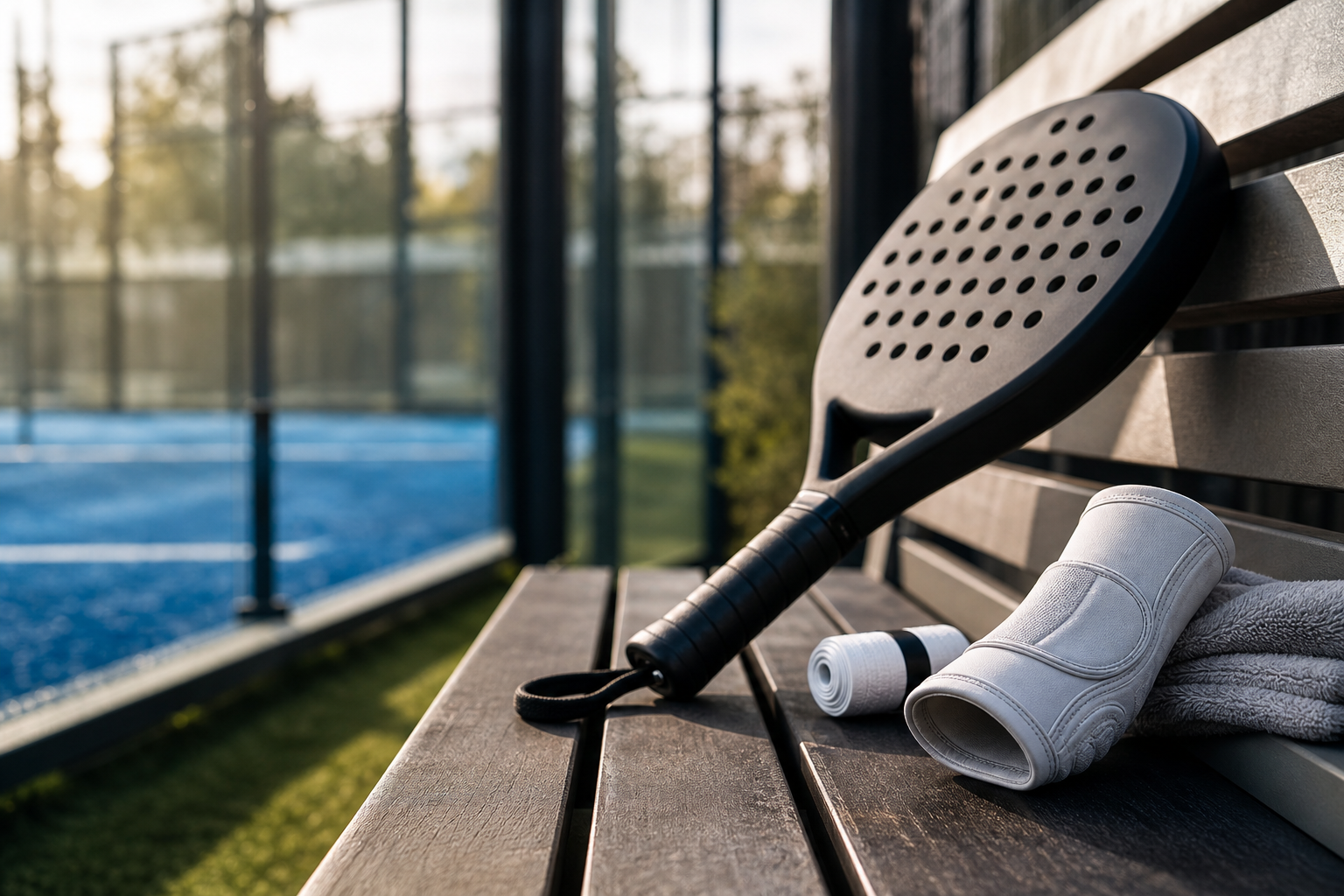 Comfort-focused padel racket and ball on court surface