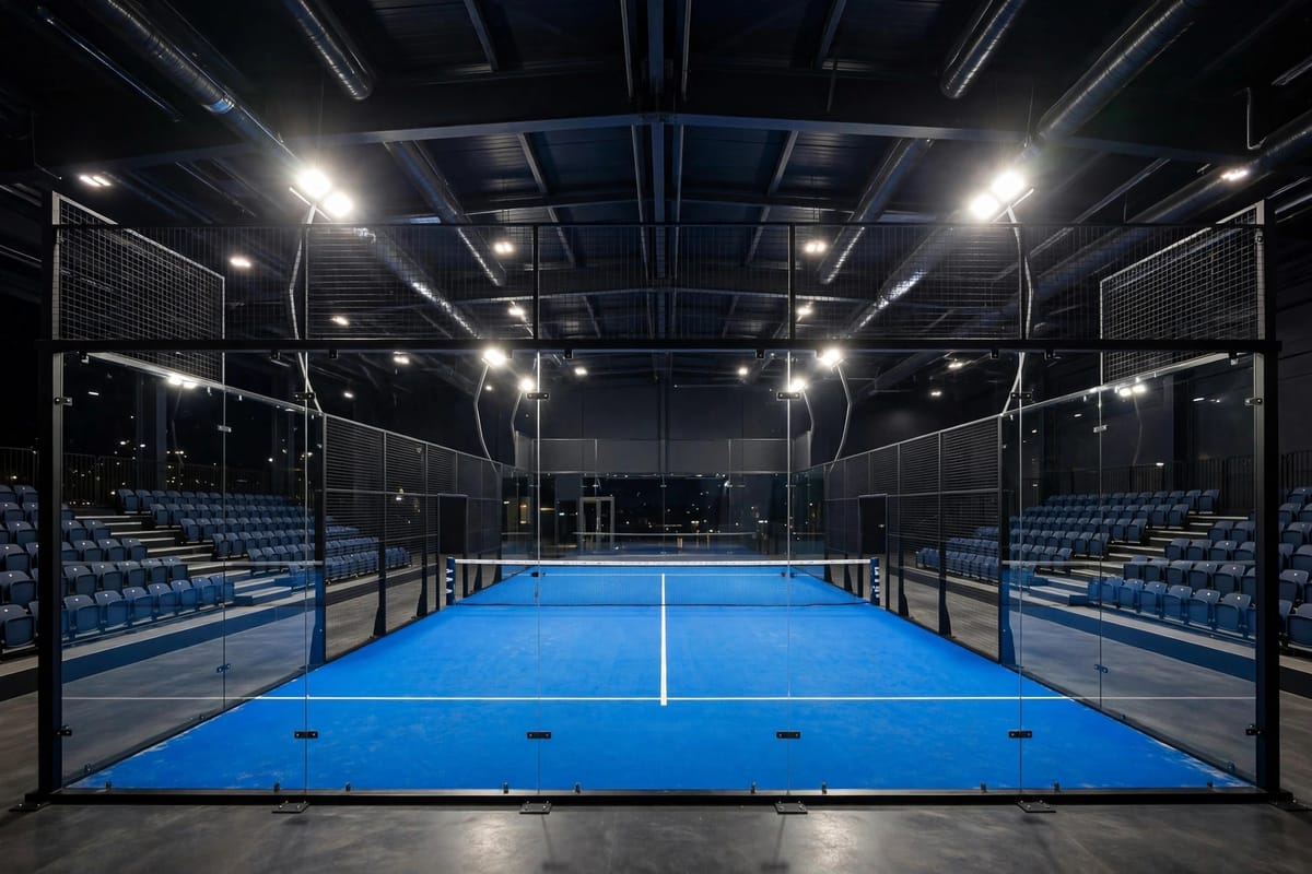 Empty indoor padel arena with a blue court and glass walls