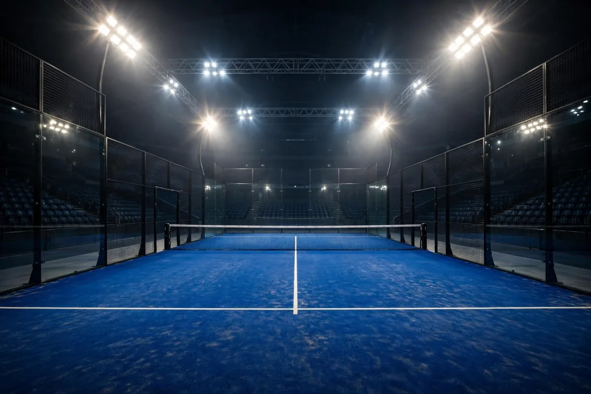 Floodlit padel arena at night