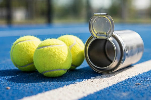 Three yellow padel balls beside an open ball can on a blue padel court